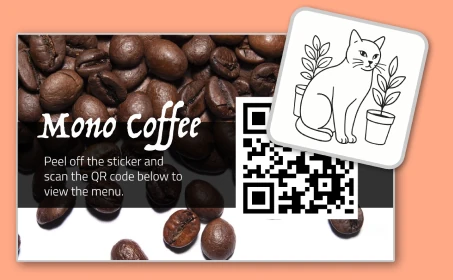 ステッカーをめくるとコーヒー店のQRコードが現れる制作例
