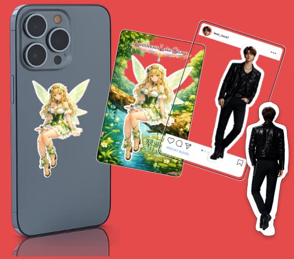 スマートフォンに貼ったキャラクターと、透明台紙付きのステッカー